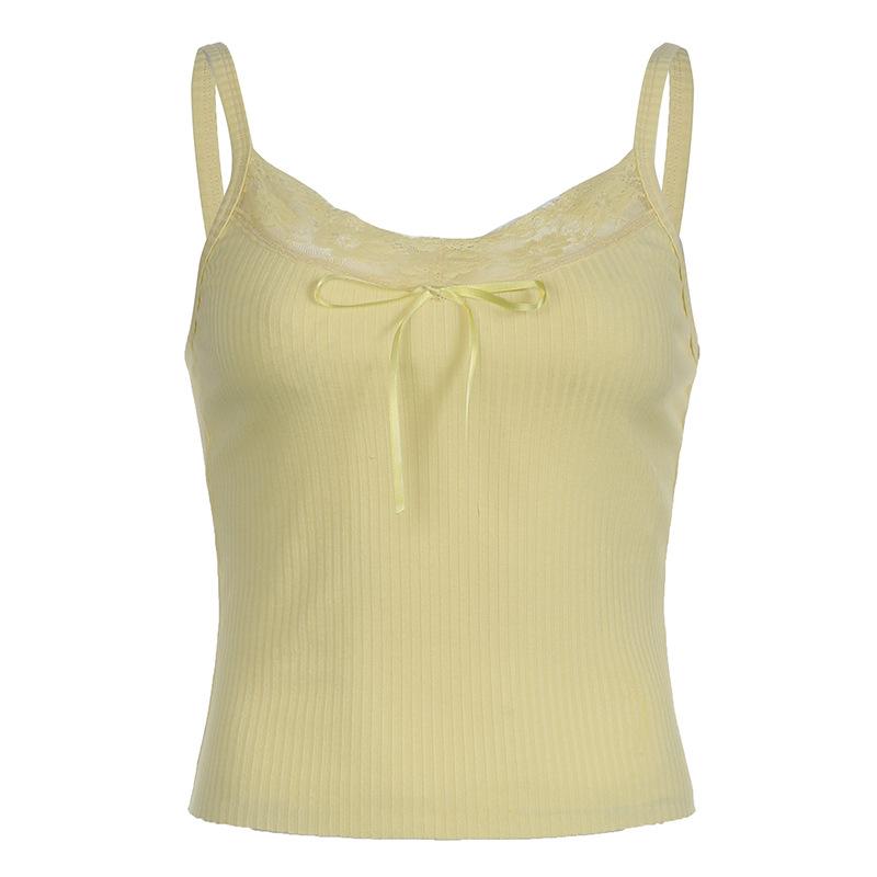 U neck lace hem bowknot ribbed cami top