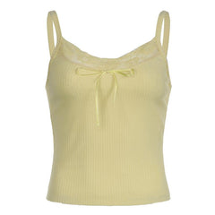 U neck lace hem bowknot ribbed cami top