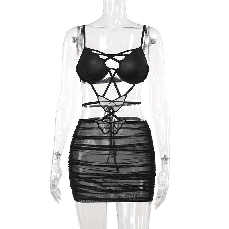Cross front butterfly mesh hollow out cami mini dress  | black rave dress