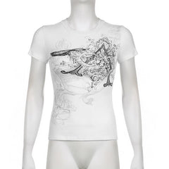 Abstract print short sleeve crewneck contrast top