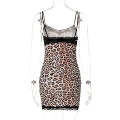Leopard print v neck lace hem bowknot cami mini dress