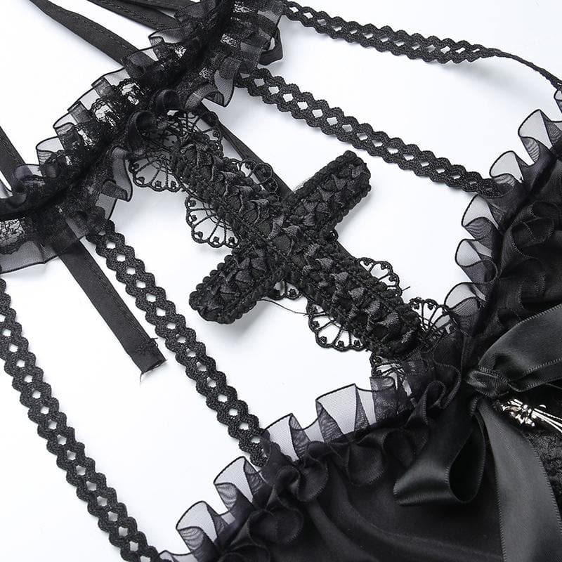 Textured cross applique ruffle halter zip-up lace up mini dress  | black rave dress