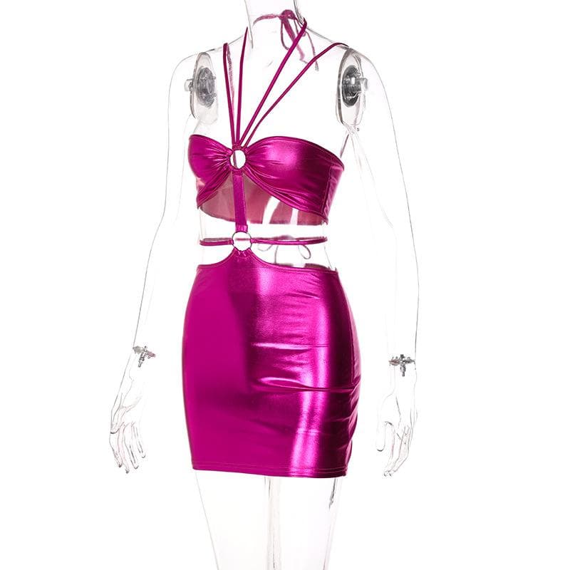 Metallic o ring halter self tie backless hollow out mini dress  | red tango dress