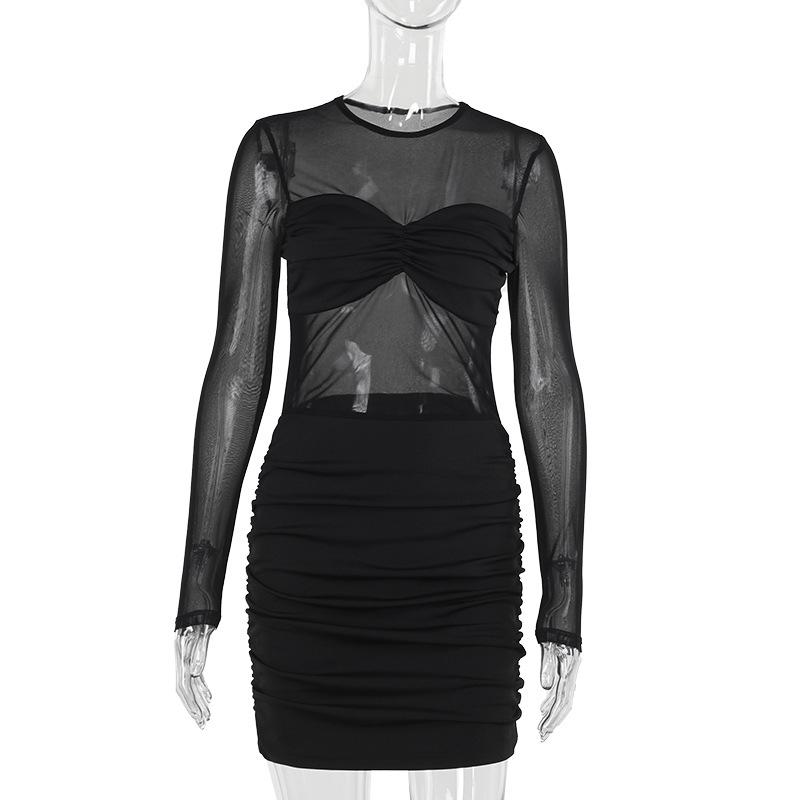 Long sleeve mesh patchwork ruched mini dress