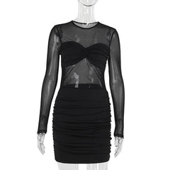 Long sleeve mesh patchwork ruched mini dress