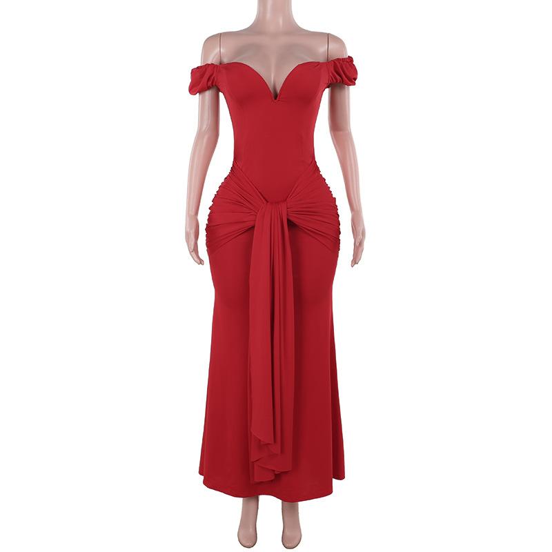 Off shoulder ruched knotted zip-up maxi dress  | red tango dress
