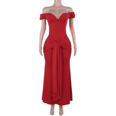 Off shoulder ruched knotted zip-up maxi dress  | red tango dress