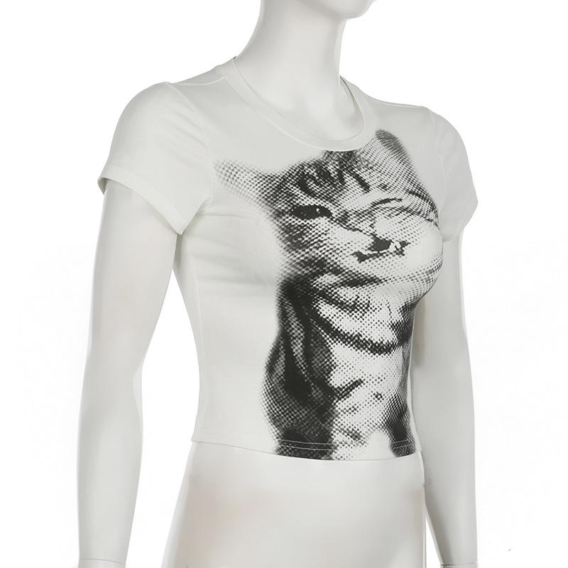 Short sleeve crewneck cat print top