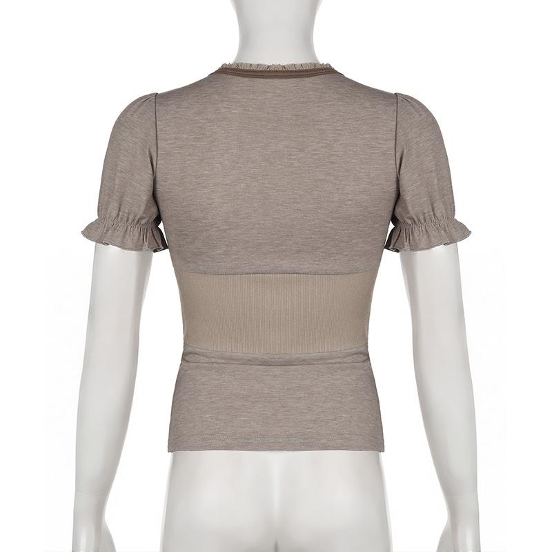 Short puff sleeve button stitch ruffle ribbed top