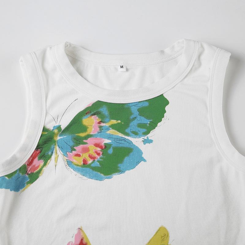 Crewneck butterfly print contrast tank top