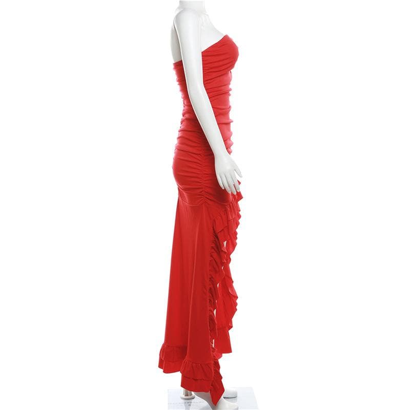 Ruched ruffle solid backless tube maxi dress  | red tango dress