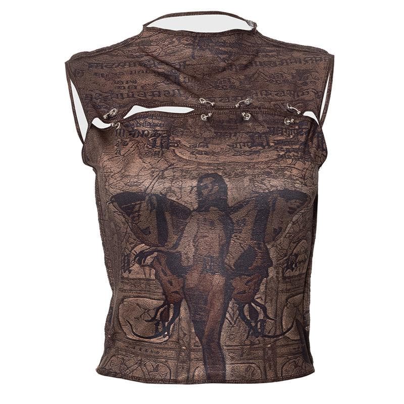 Stitch abstract print sleeveless hollow out o ring crop cut out top