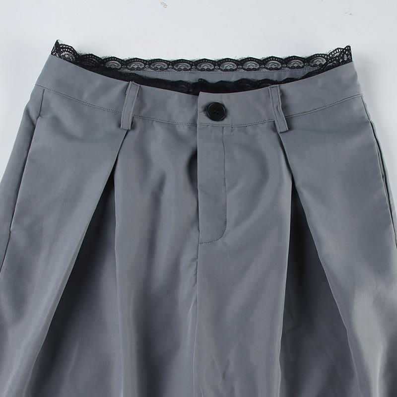 Lace hem button ruched low rise straight leg pant