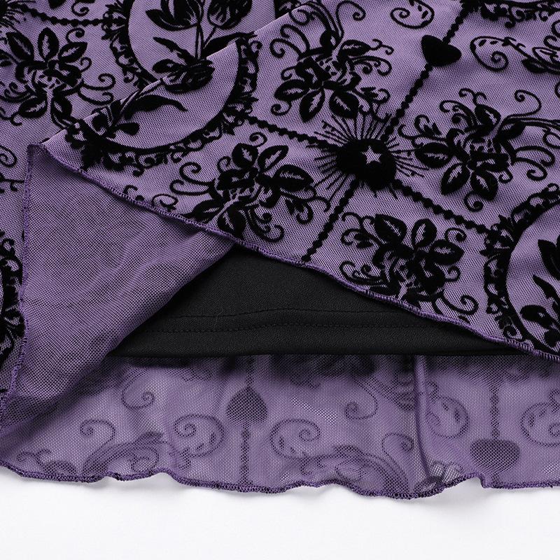 U neck velvet print mesh ruffle cami mini dress