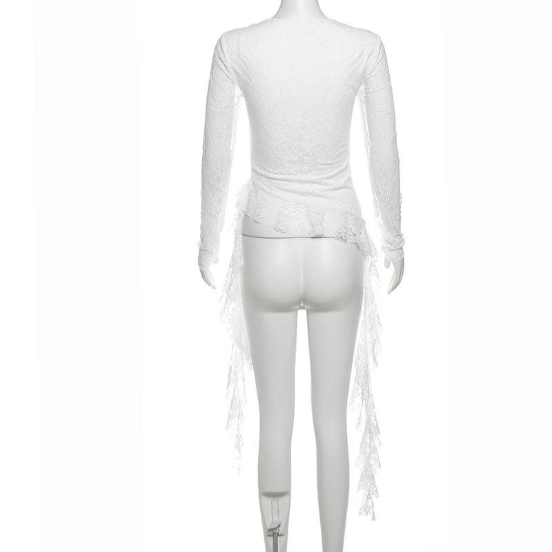 Square neck long sleeve lace ruffle top
