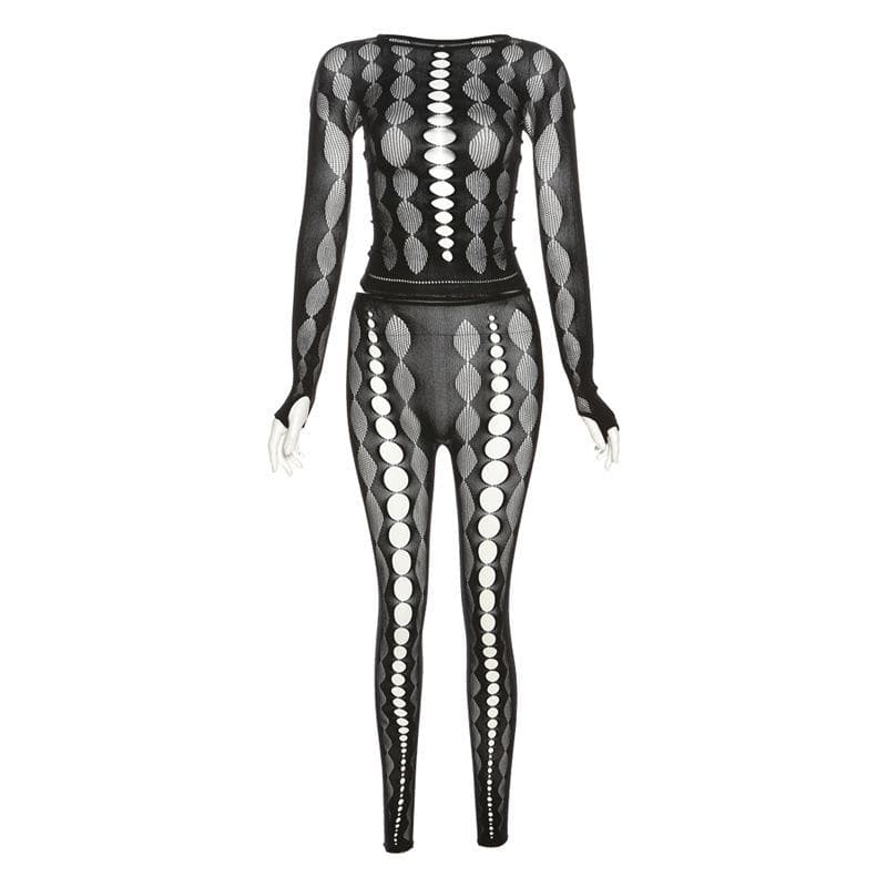 Fishnet long sleeve hollow out see through gloves solid pant set