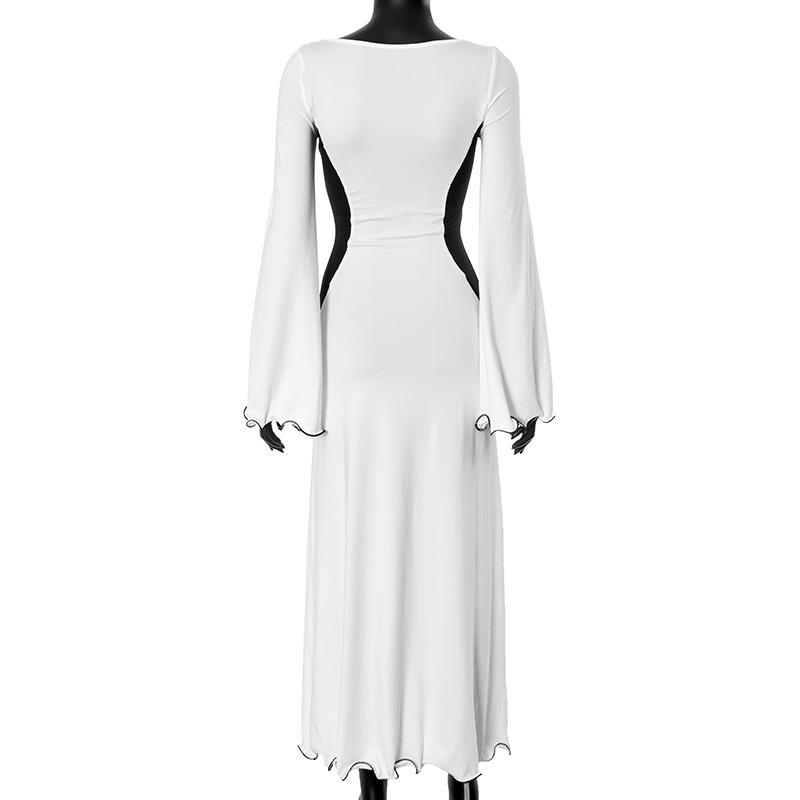Long flared sleeve u neck slit ruffle maxi dress
