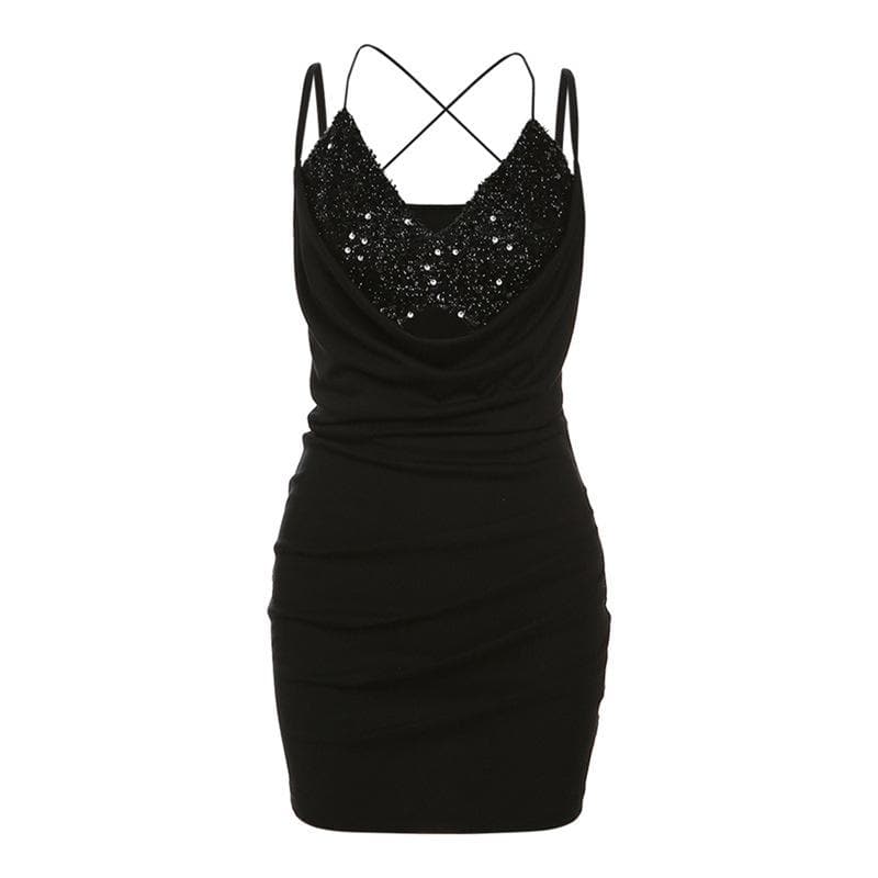 Textured ruched v neck glitter cross back solid mini dress  | black rave dress  | black rave dress
