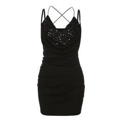 Textured ruched v neck glitter cross back solid mini dress  | black rave dress  | black rave dress