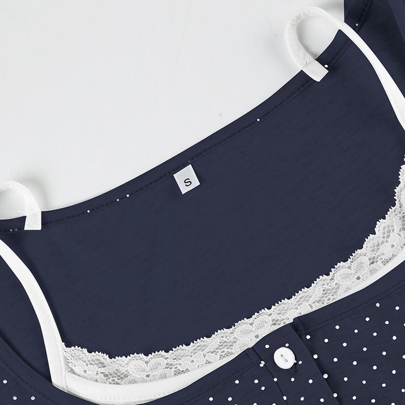 Polka dot long sleeve button lace hem patchwork top