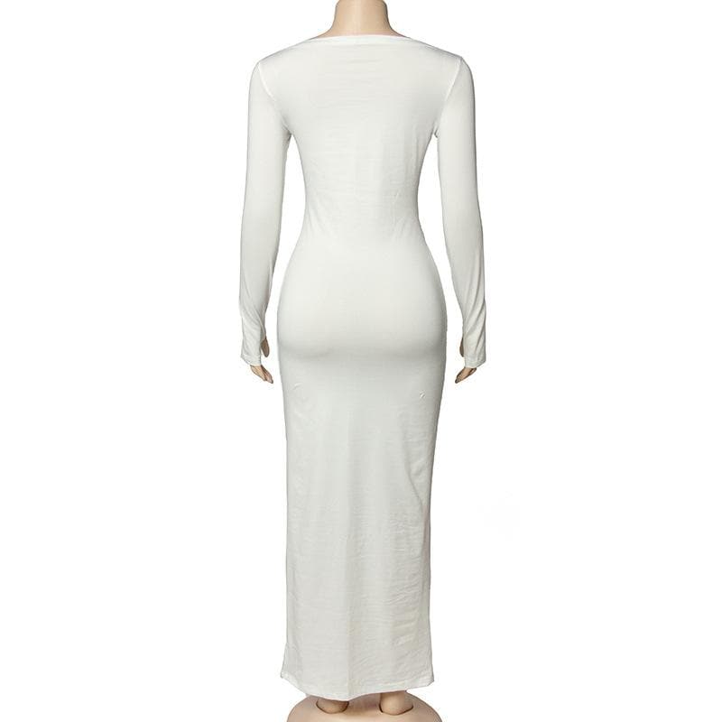 Ruched patchwork solid long sleeve round neck maxi dress