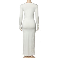Ruched patchwork solid long sleeve round neck maxi dress