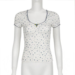 Short sleeve patchwork flower applique print top