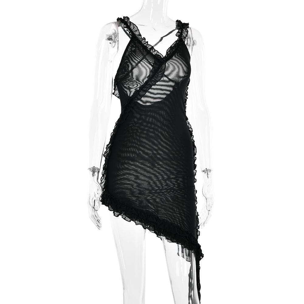 Sheer mesh see through ruffle solid cross back irregular mini dress  | red tango dress  | samba dress  | black rave dress  | black rave dress