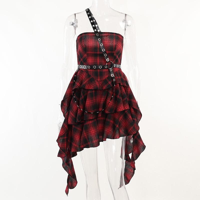Ruffle plaid zip-up irregular one shoulder backless mini dress  | red tango dress