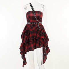Ruffle plaid zip-up irregular one shoulder backless mini dress  | red tango dress