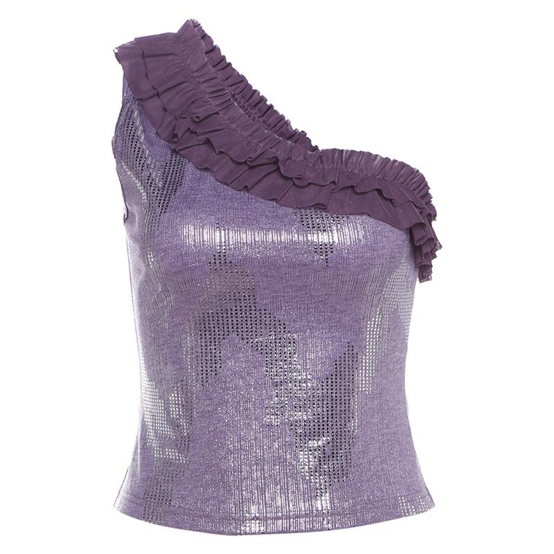 One shoulder ruffle print metallic irregular top