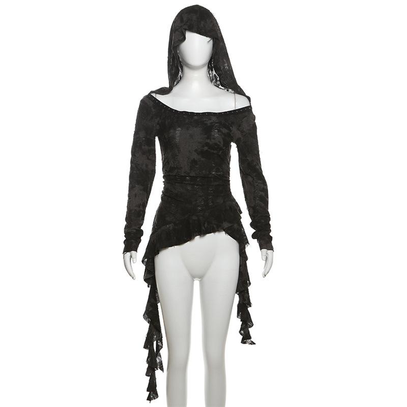 Hoodie off shoulder long sleeve ruffle top