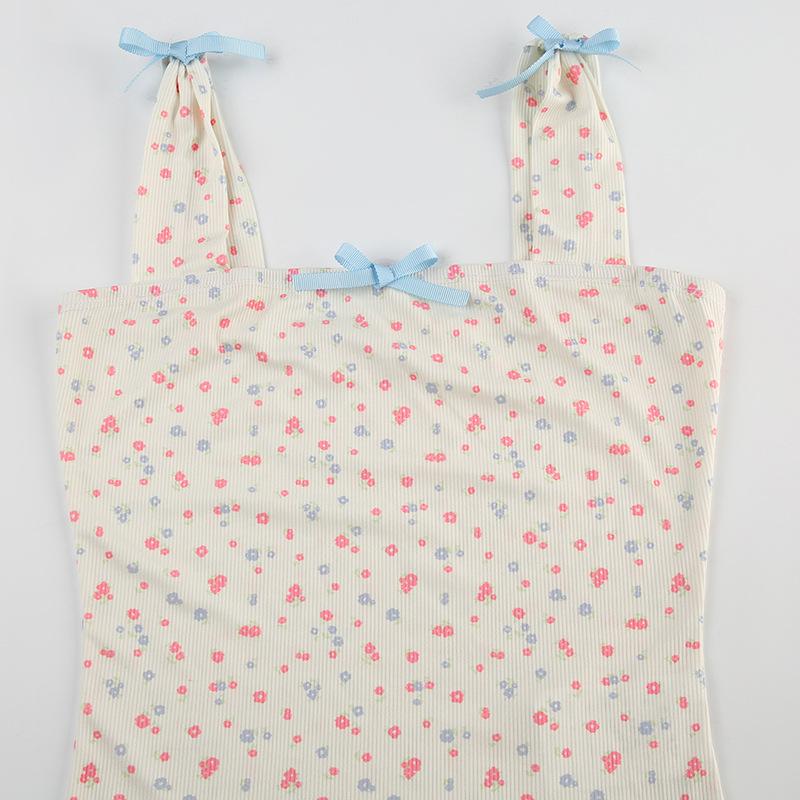 Square neck bowknot ribbed print cami top