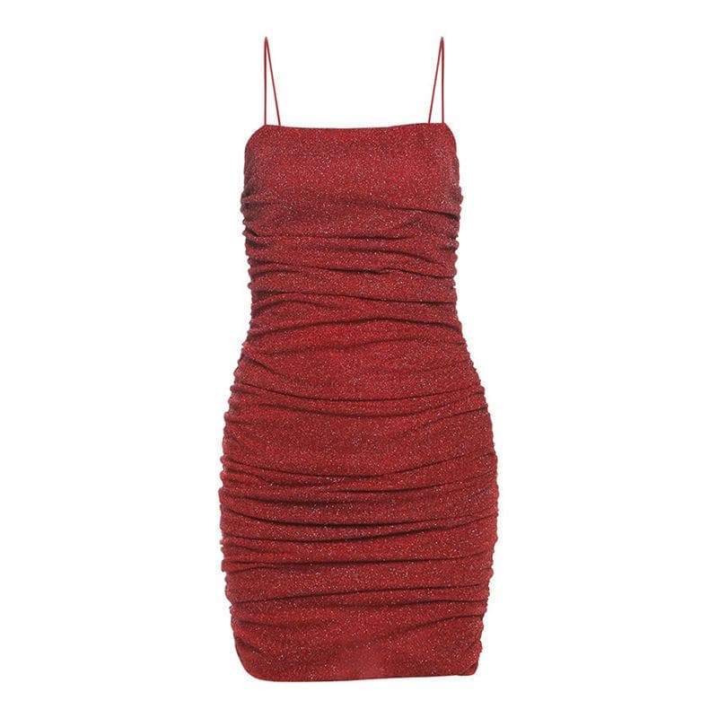 Glitter ruched backless solid cami mini dress  | red tango dress