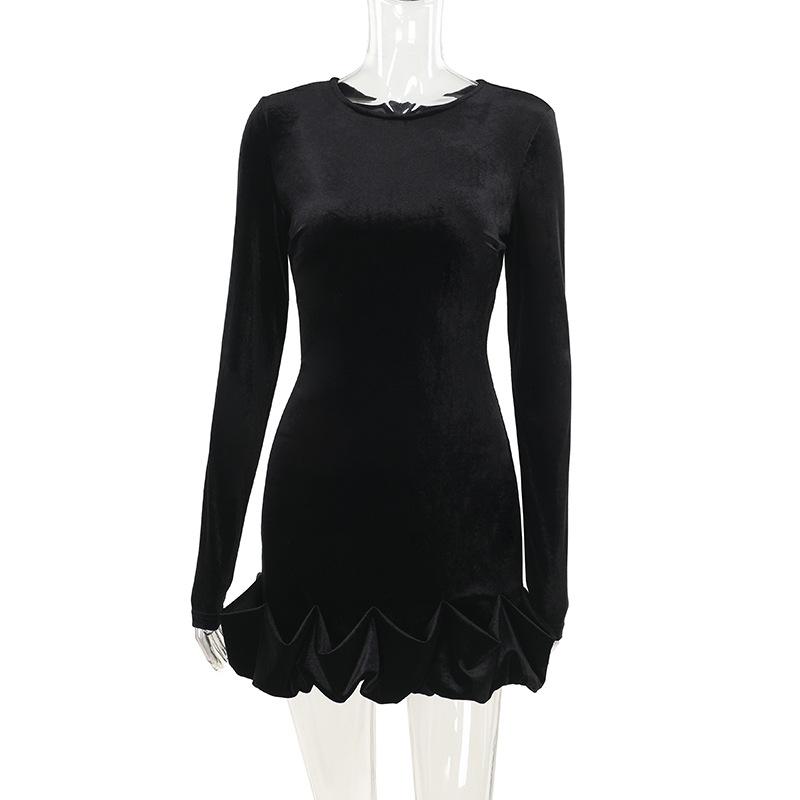 Long sleeve crewneck velvet ruffle mini dress