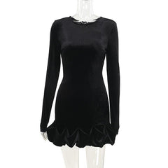 Long sleeve crewneck velvet ruffle mini dress