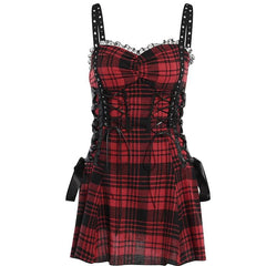 Backless ruched lace hem plaid lace up zip-up mini dress  | red tango dress