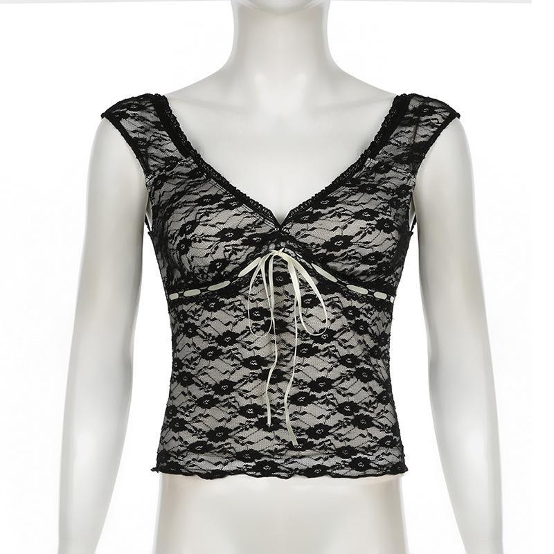 Cap sleeve v neck lace knotted backless top
