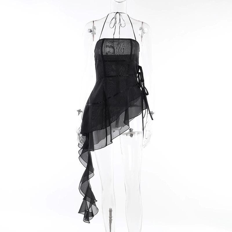 Halter ruffle irregular ribbon sheer mesh mini dress  | samba dress