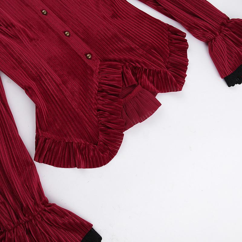 Turnover collar long sleeve corduroy lace hem top