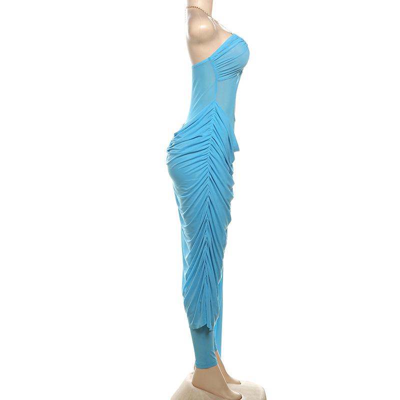 Metal chain halter ruched sheer mesh hollow out maxi dress  | samba dress