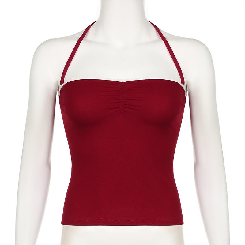 Halter ruched lace hem backless solid top