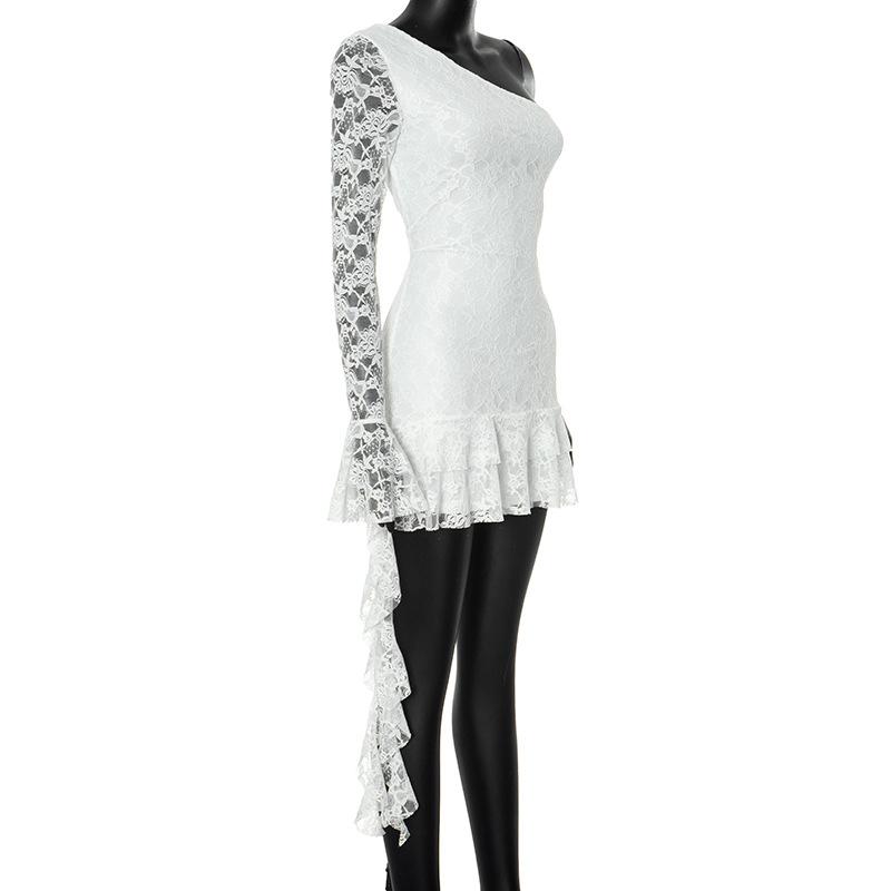 One shoulder long sleeve lace ruffle mini dress