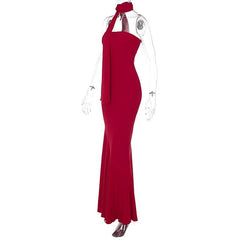 Ribbed ruffle solid backless sleeveless tube maxi dress  | red tango dress