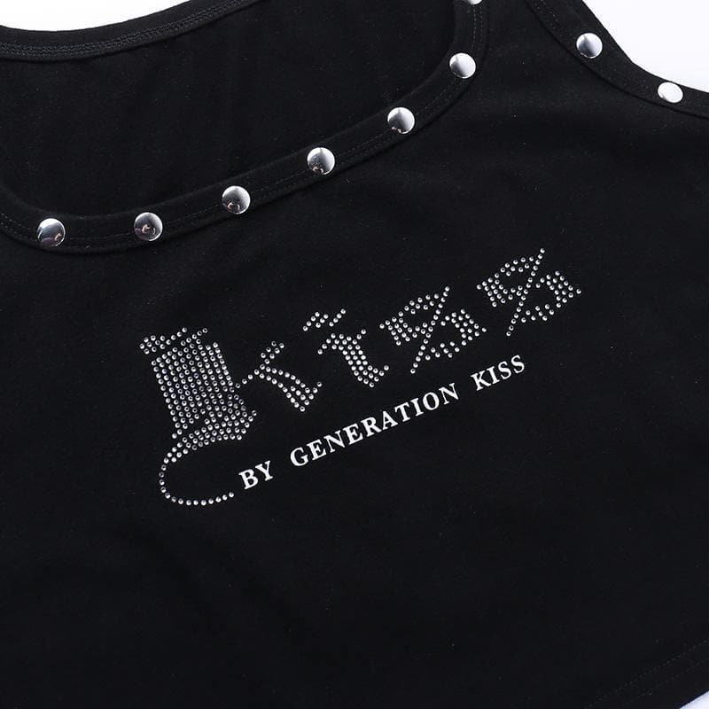 Letter pattern beaded u neck tank top