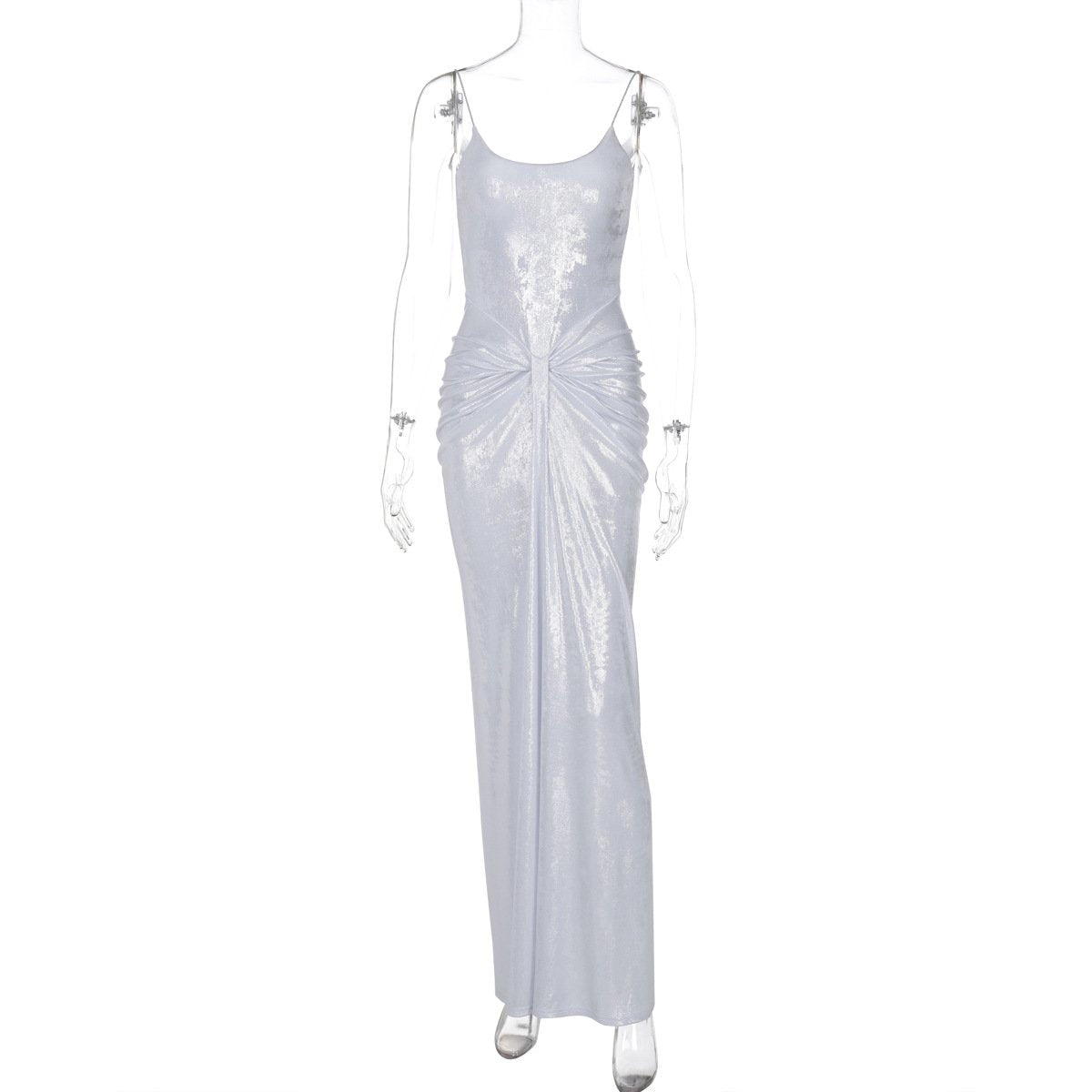 U neck metallic ruched backless cami maxi dress