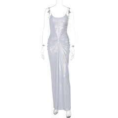 U neck metallic ruched backless cami maxi dress