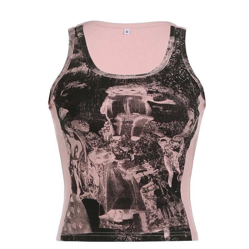 Ribbed print u neck contrast tank top