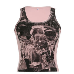Ribbed print u neck contrast tank top