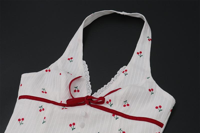 Halter v neck cherry print bowknot mini dress
